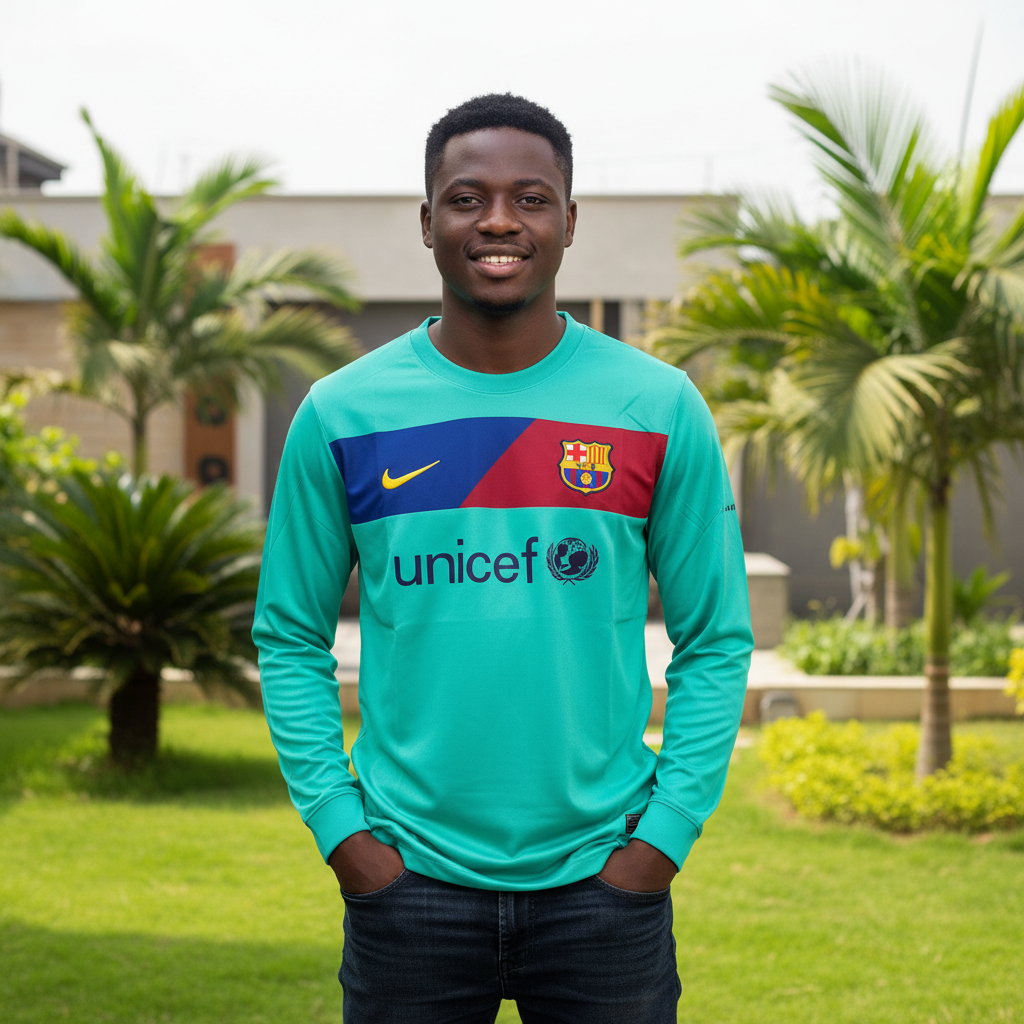 Teal long-sleeve retro football jersey with navy and red chest band — Nigerian male model front view