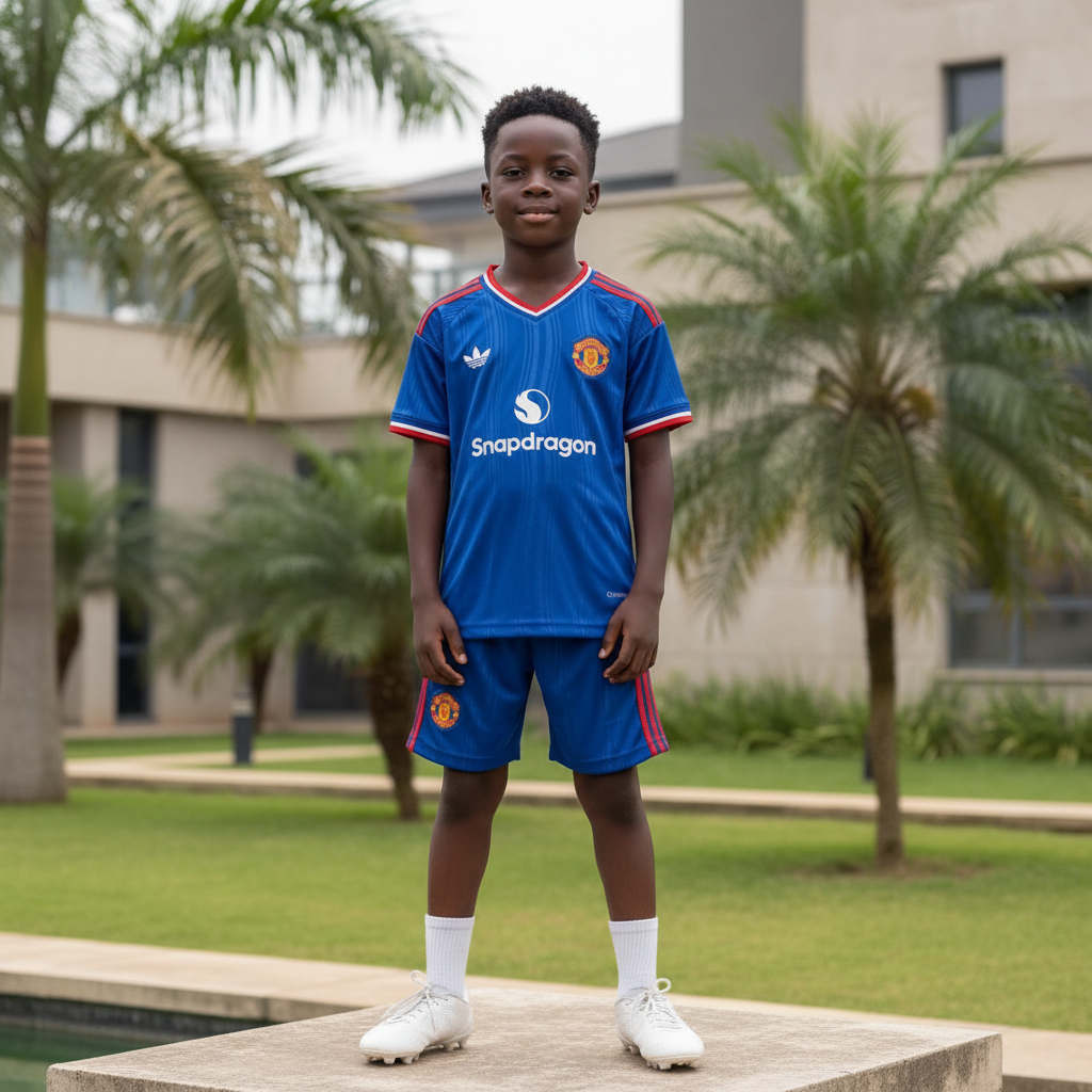 Nigerian child model wearing royal blue & red football jersey set with white football boots