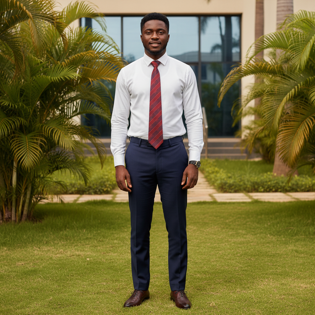 Nigerian male model wearing burgundy diagonal striped necktie with white shirt and dark suit