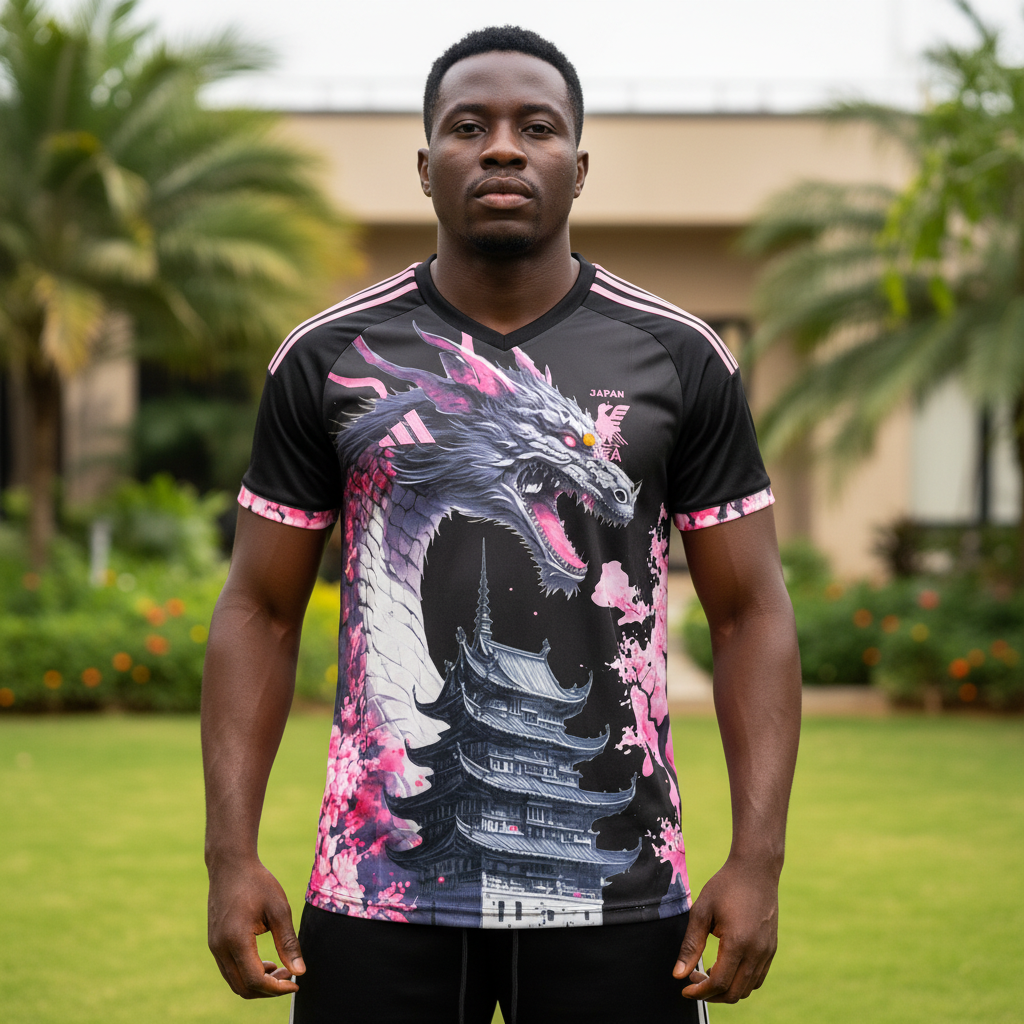 Nigerian male model wearing black dragon cherry blossom football jersey front view