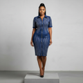 Navy blue rhinestone cascade zip-front bodycon dress model shot
