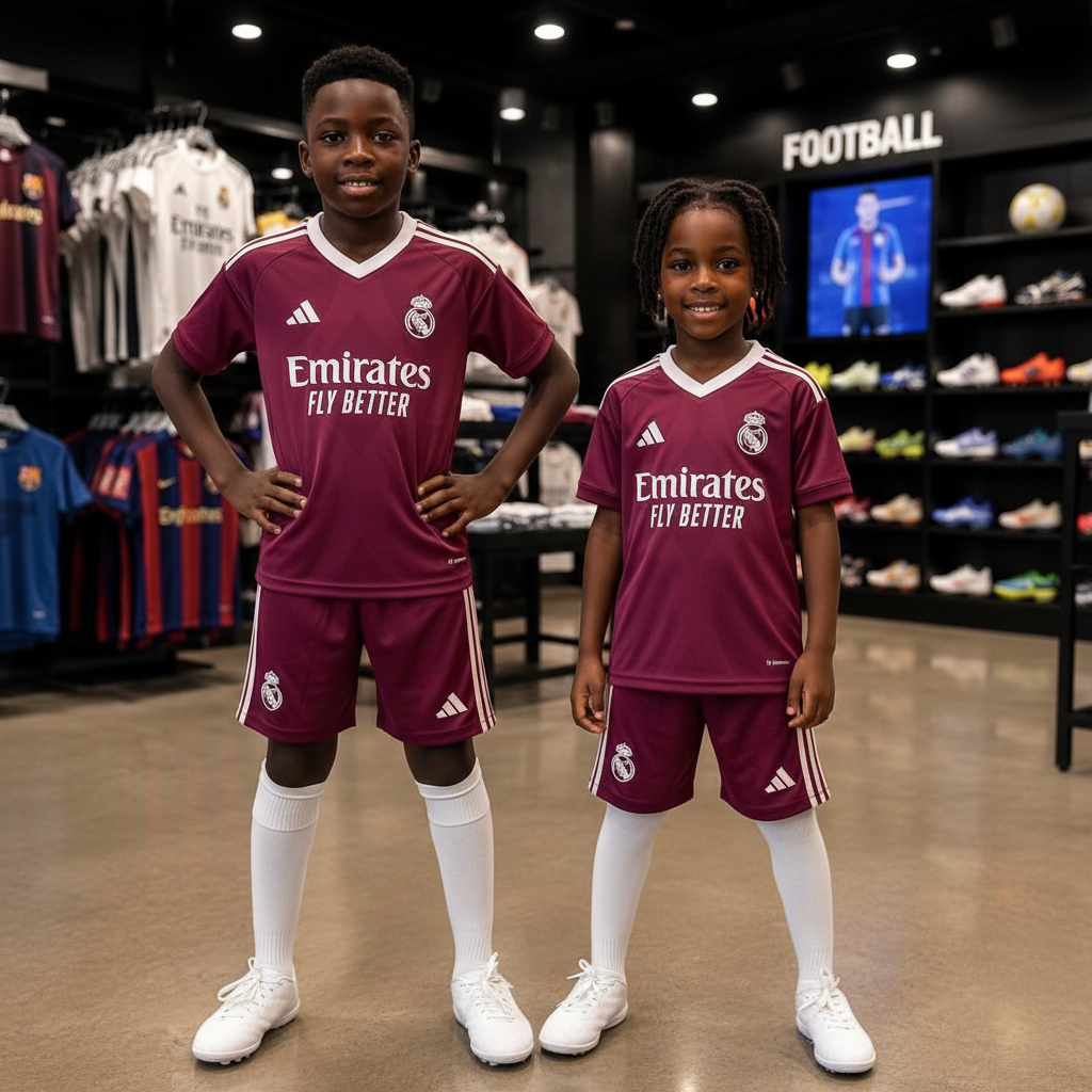 Black Nigerian boy and girl wearing the burgundy kids football jersey and shorts set