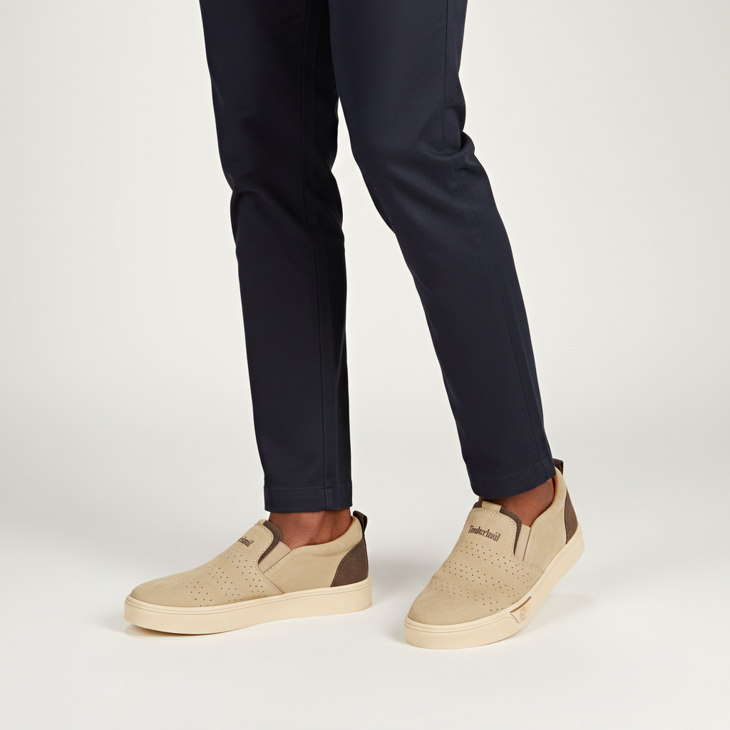 Sand suede slip-on sneakers with cream sole worn with navy chinos