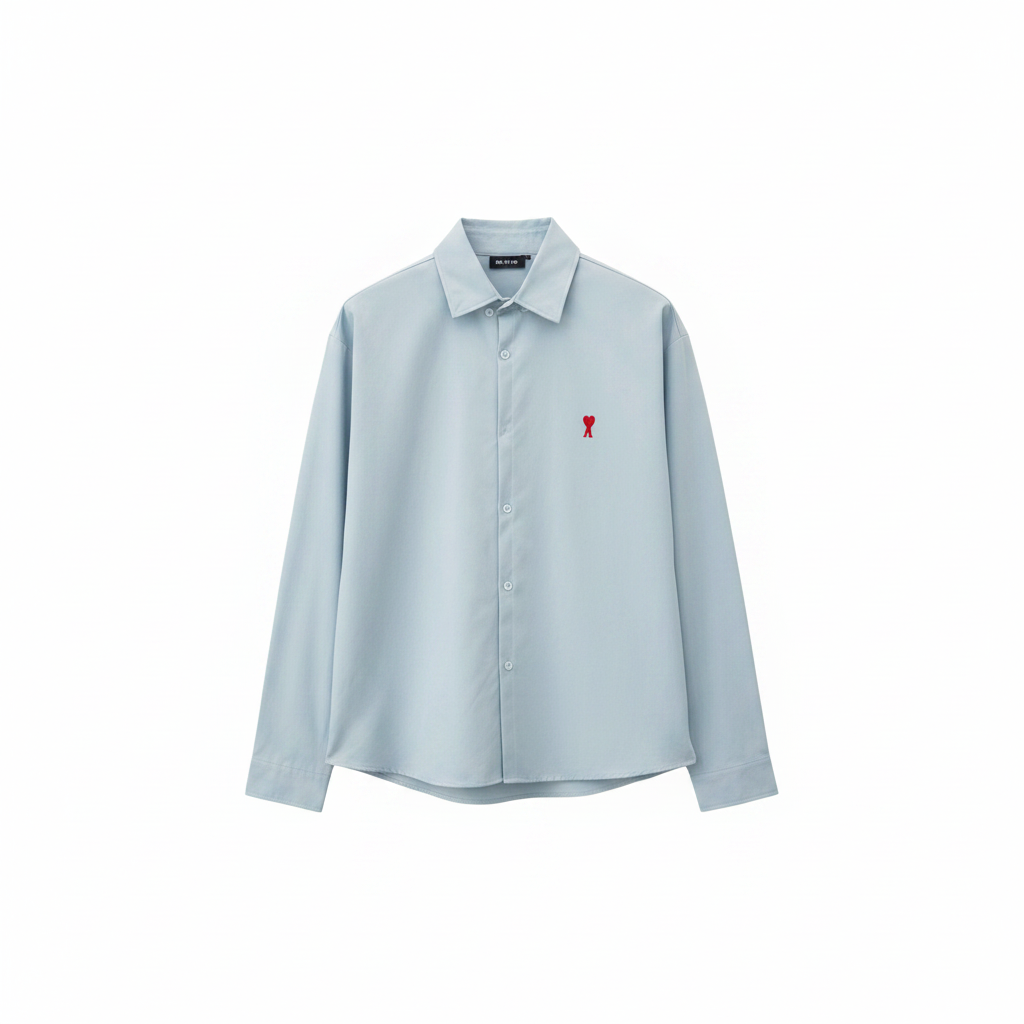 Men's sky blue long-sleeve button-up shirt with red embroidered heart logo, ghost mannequin front view
