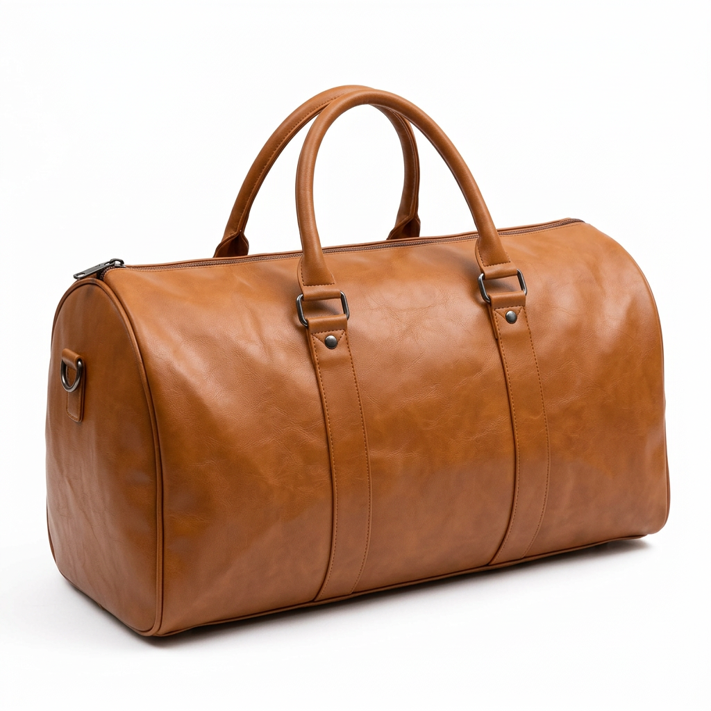 Light-brown barrel-shaped duffle bag with rolled handles