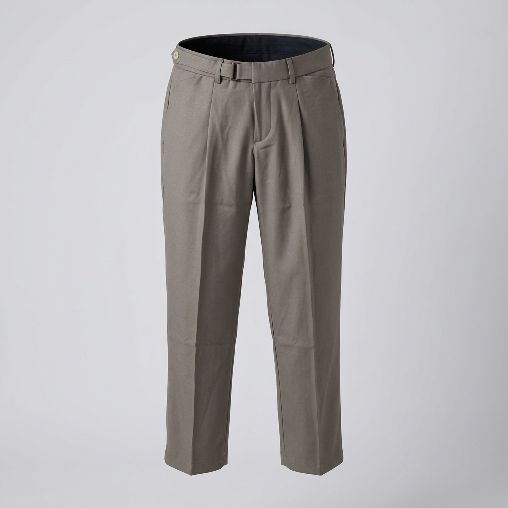 Grey waist-strap pleated trousers, ghost mannequin front view