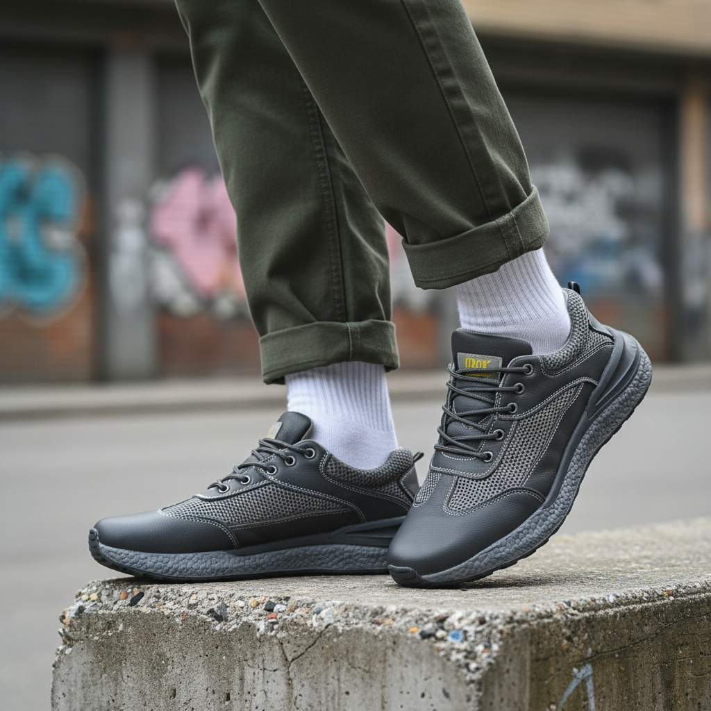 Model wearing charcoal leather and mesh lace-up trail sneakers leg shot