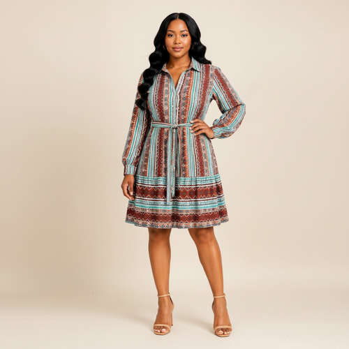 Boho Stripe Shirt Dress – Brown & Teal – Model Shot