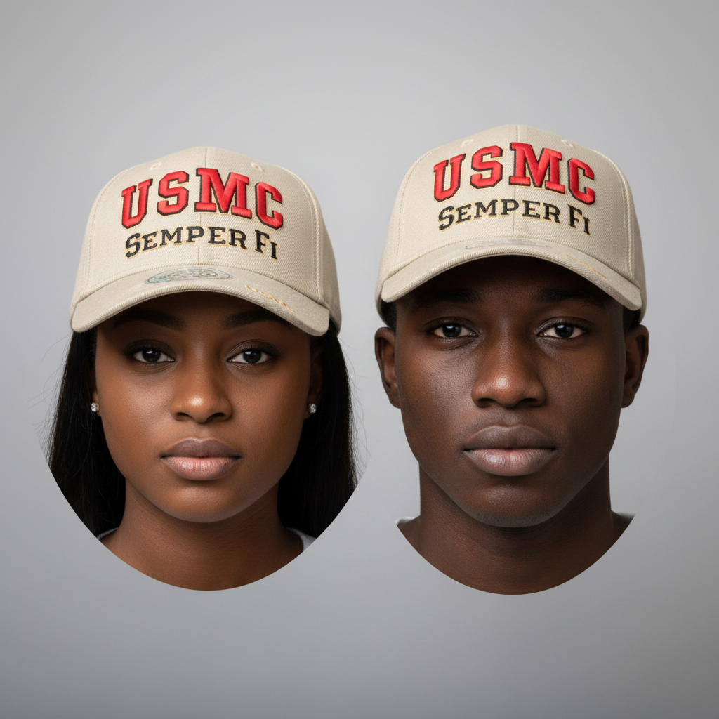 Nigerian male and female models wearing beige USMC Semper Fi embroidered baseball cap