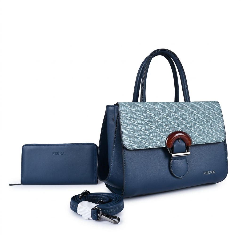 Navy handbag set with pale-blue patterned flap, matching pouch and strap