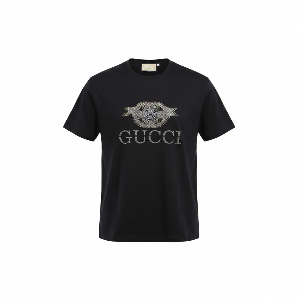 Ghost mannequin front view of black rhinestone emblem T-shirt