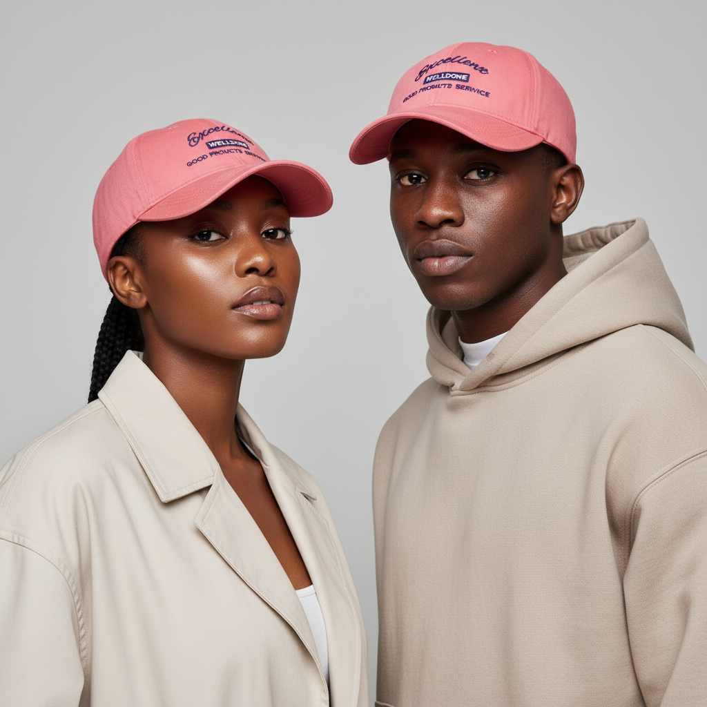 Nigerian Gen Z male and female models wearing bubblegum pink layered navy slogan embroidered dad cap