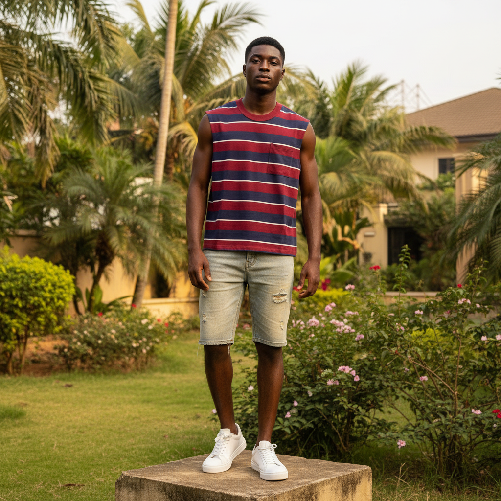 Nigerian male model wearing burgundy, navy and white striped sleeveless vest – full body lifestyle shot