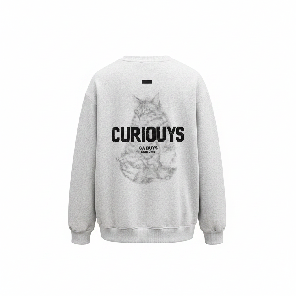 Unisex light grey marl sweatshirt with faded cat graphic and block lettering – ghost mannequin back view