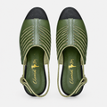 Olive green open-toe sandal pair on a clean background