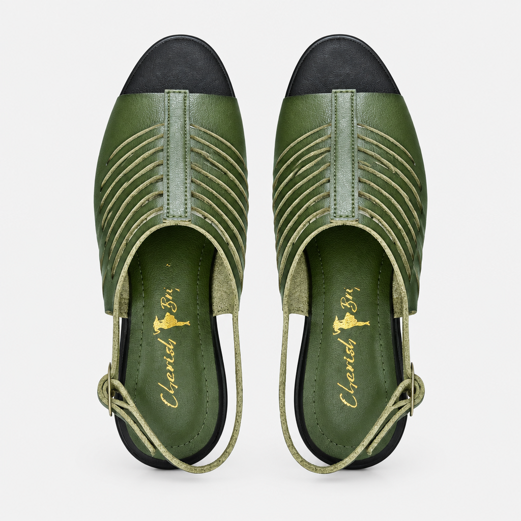 Olive green open-toe sandal pair on a clean background