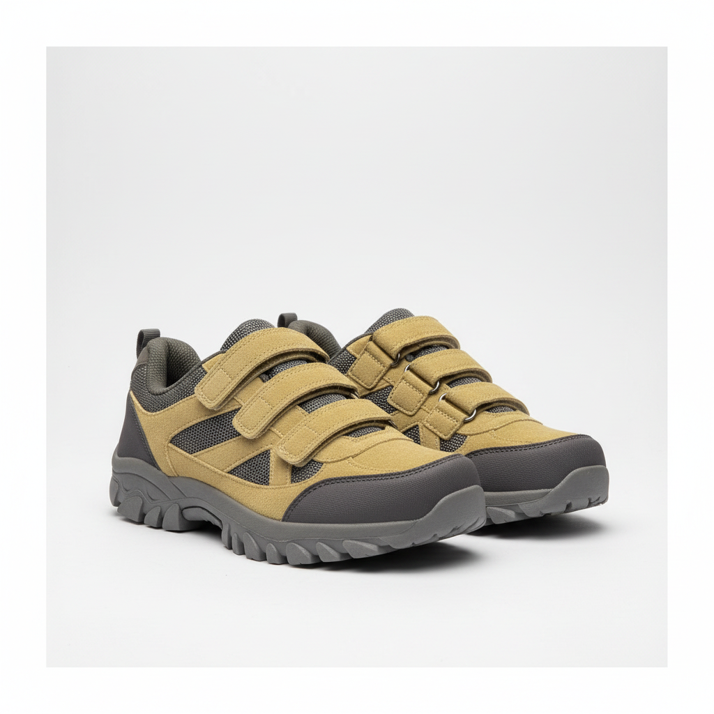 Men's yellow olive suede velcro-strap hiking trail sneakers pair product shot