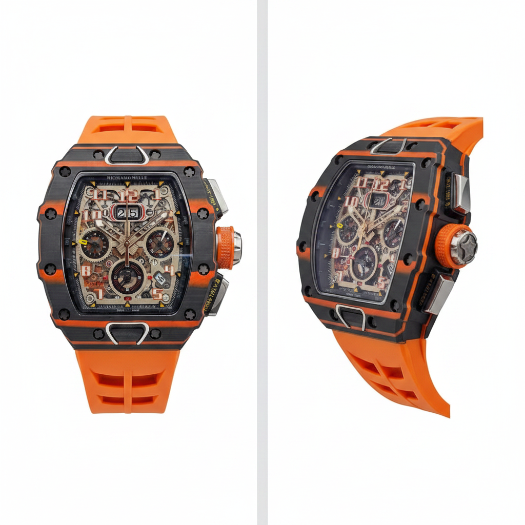 Carbon TPT skeleton chronograph watch with orange strap and accents, front and side view on white background