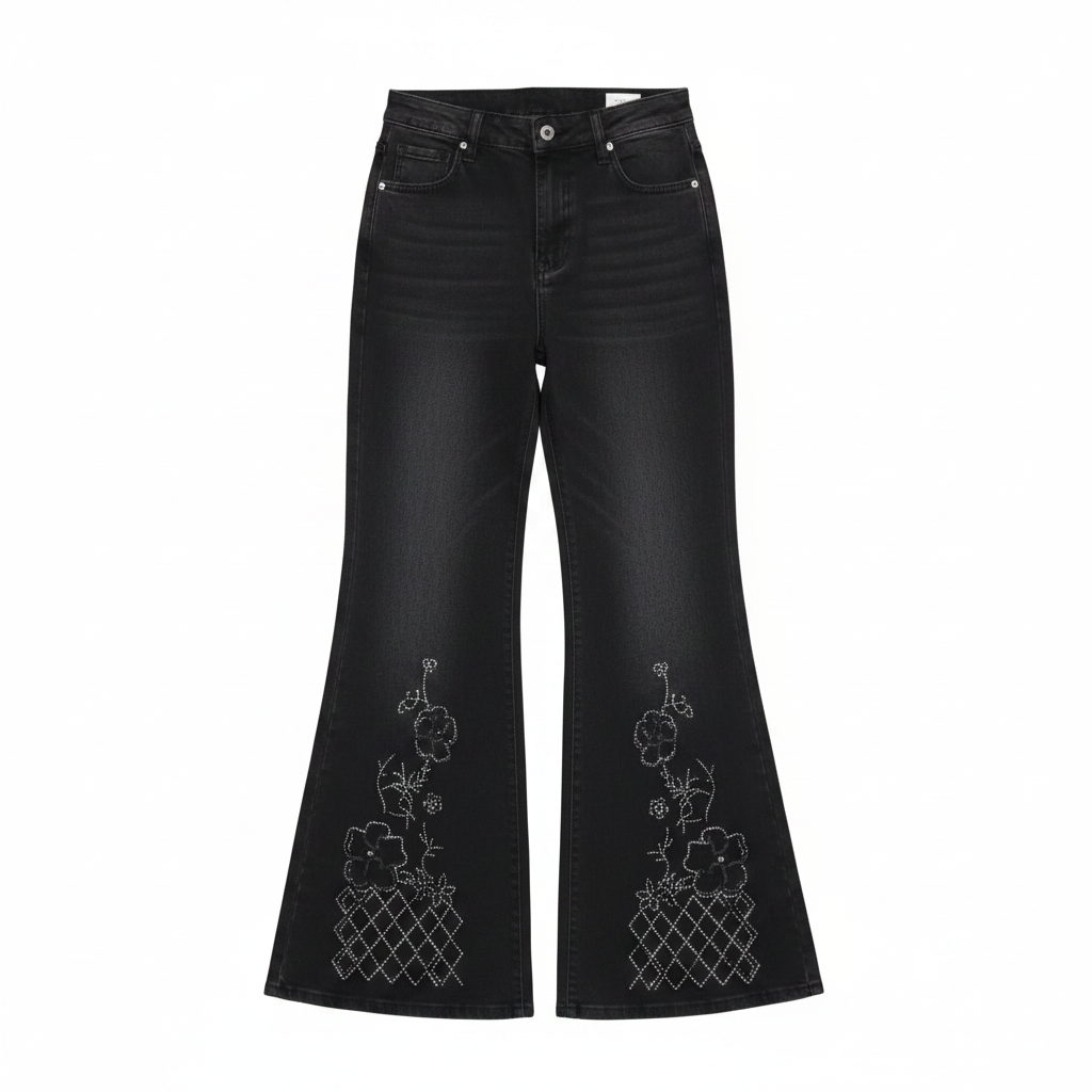 Women's Black Rhinestone Floral Wide-Leg Denim Jeans - Ghost Mannequin