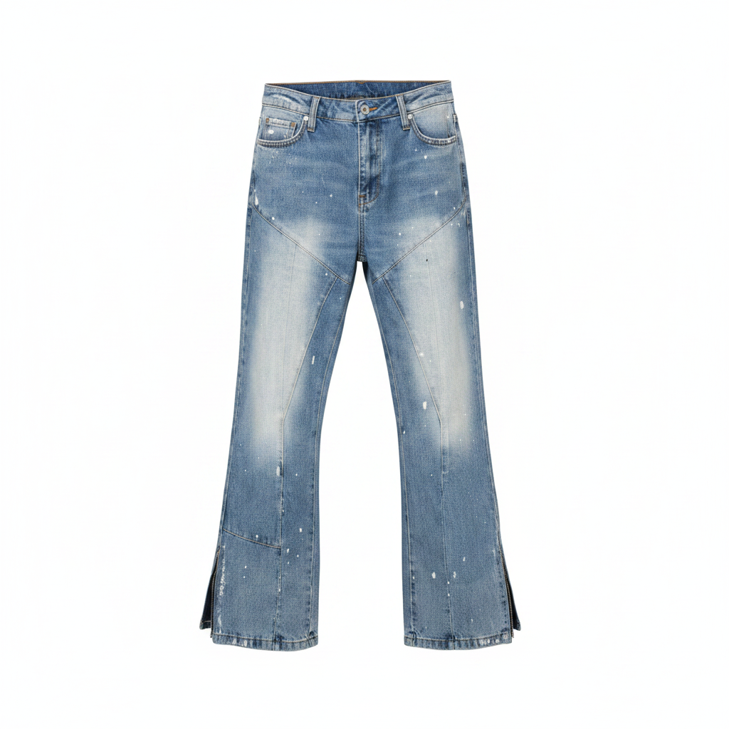 Men's light blue paint splatter stacked flare jeans – ghost mannequin front view
