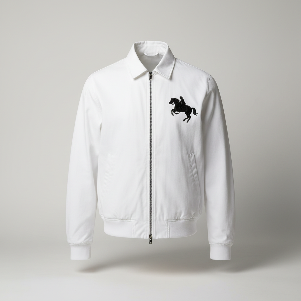 Ghost mannequin view of the white zip-up harrington jacket
