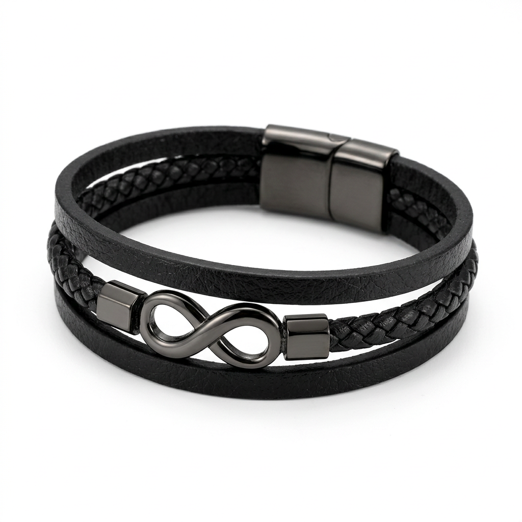 Black three-strand infinity bracelet with braided and flat bands on white