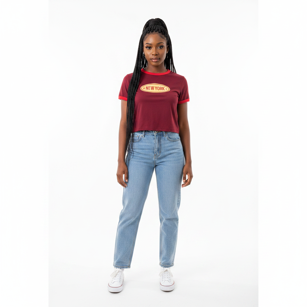 Patpron Burgundy New York Retro Ringer Crop Tee – Model Shot