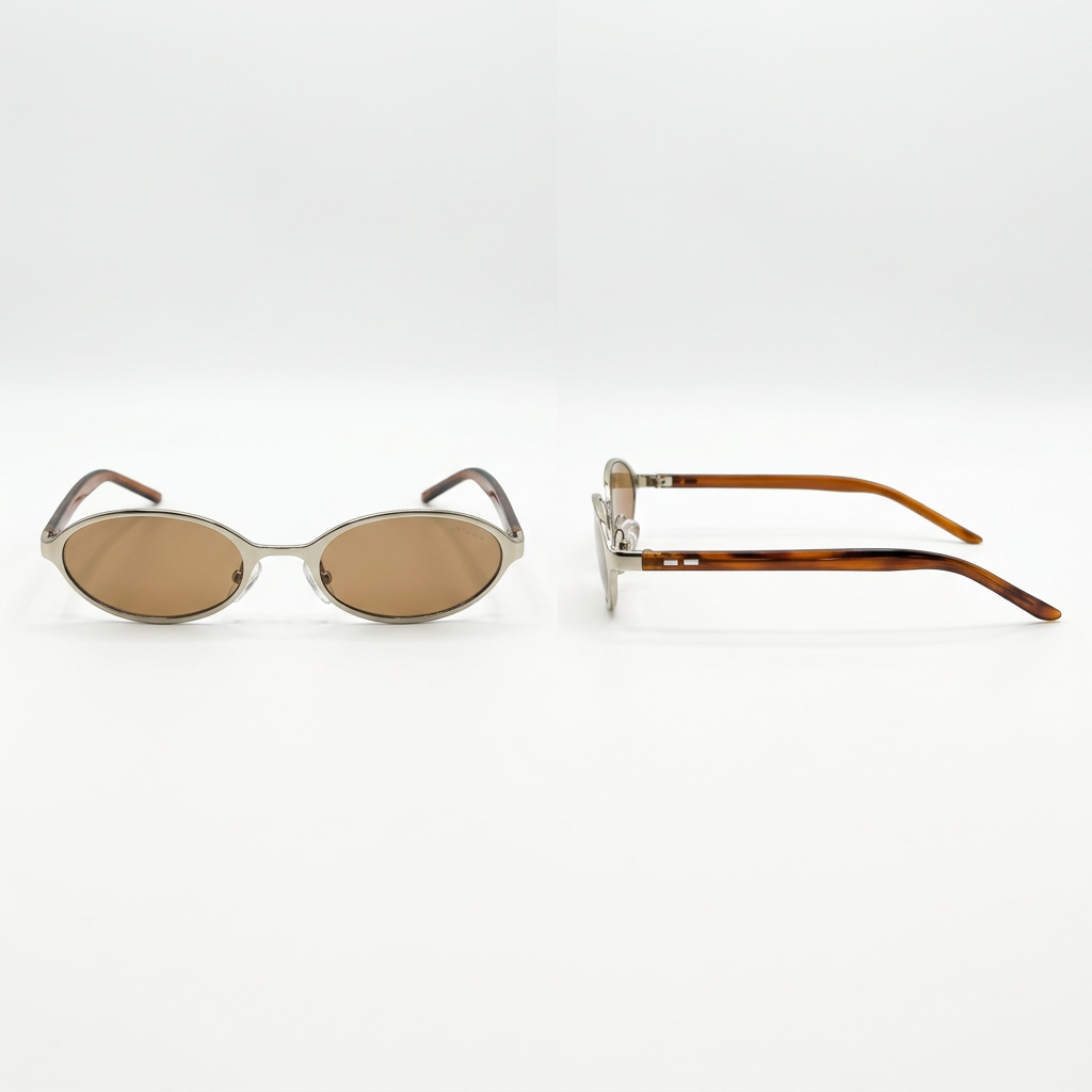 Silver-tone oval glasses with brown lenses and brown-patterned arms, front and side views