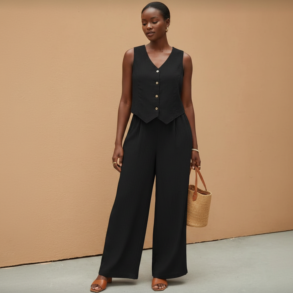 Model wearing black linen vest and wide-leg palazzo co-ord set