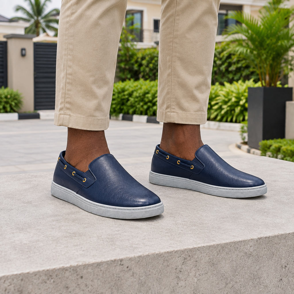 Man wearing navy blue boat eyelet slip-on sneakers with beige chinos