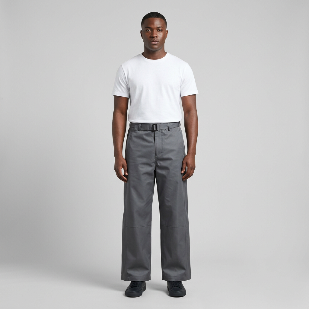 Full-body male model wearing grey belted wide-leg trousers