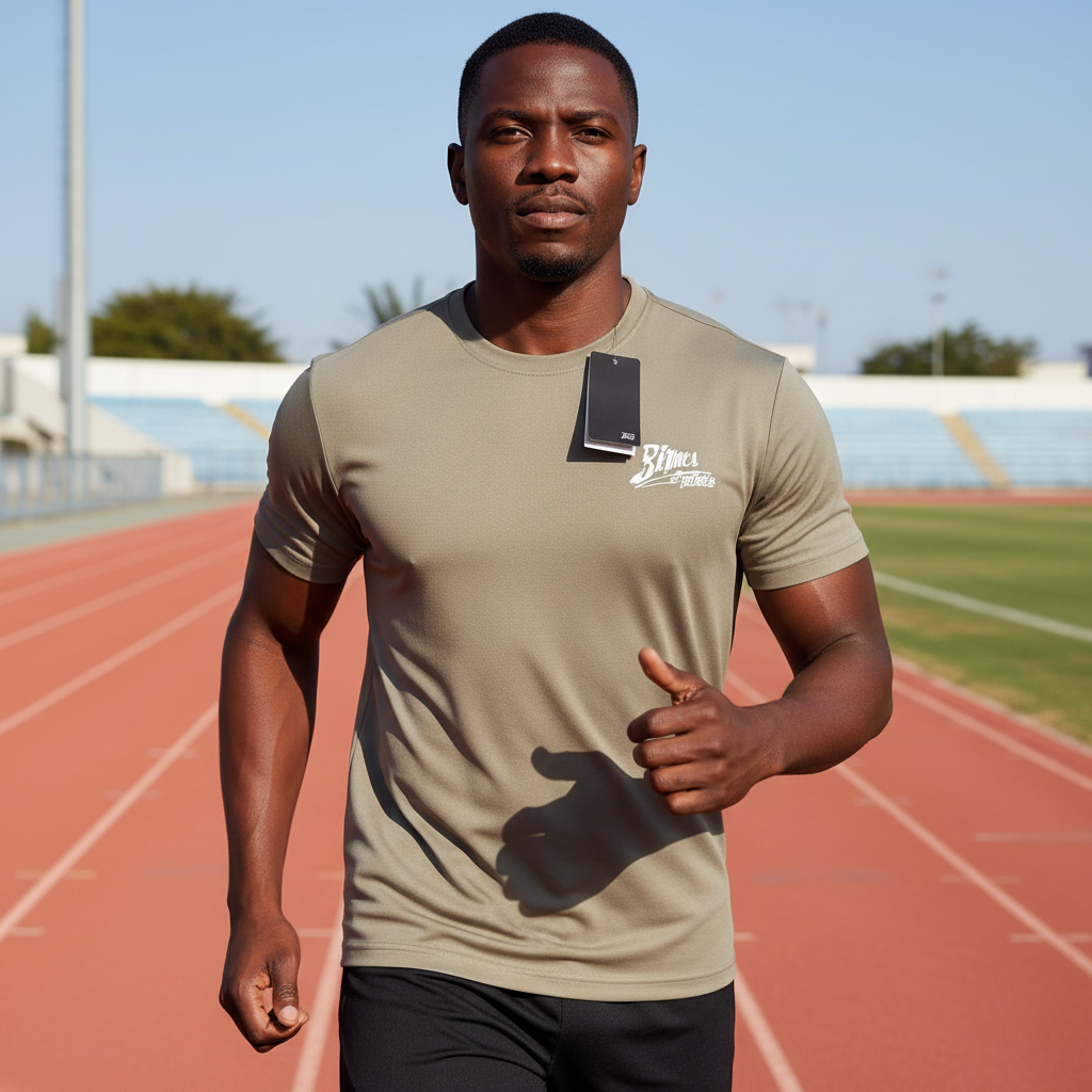 Black Nigerian male model wearing taupe premium sport jersey on running track