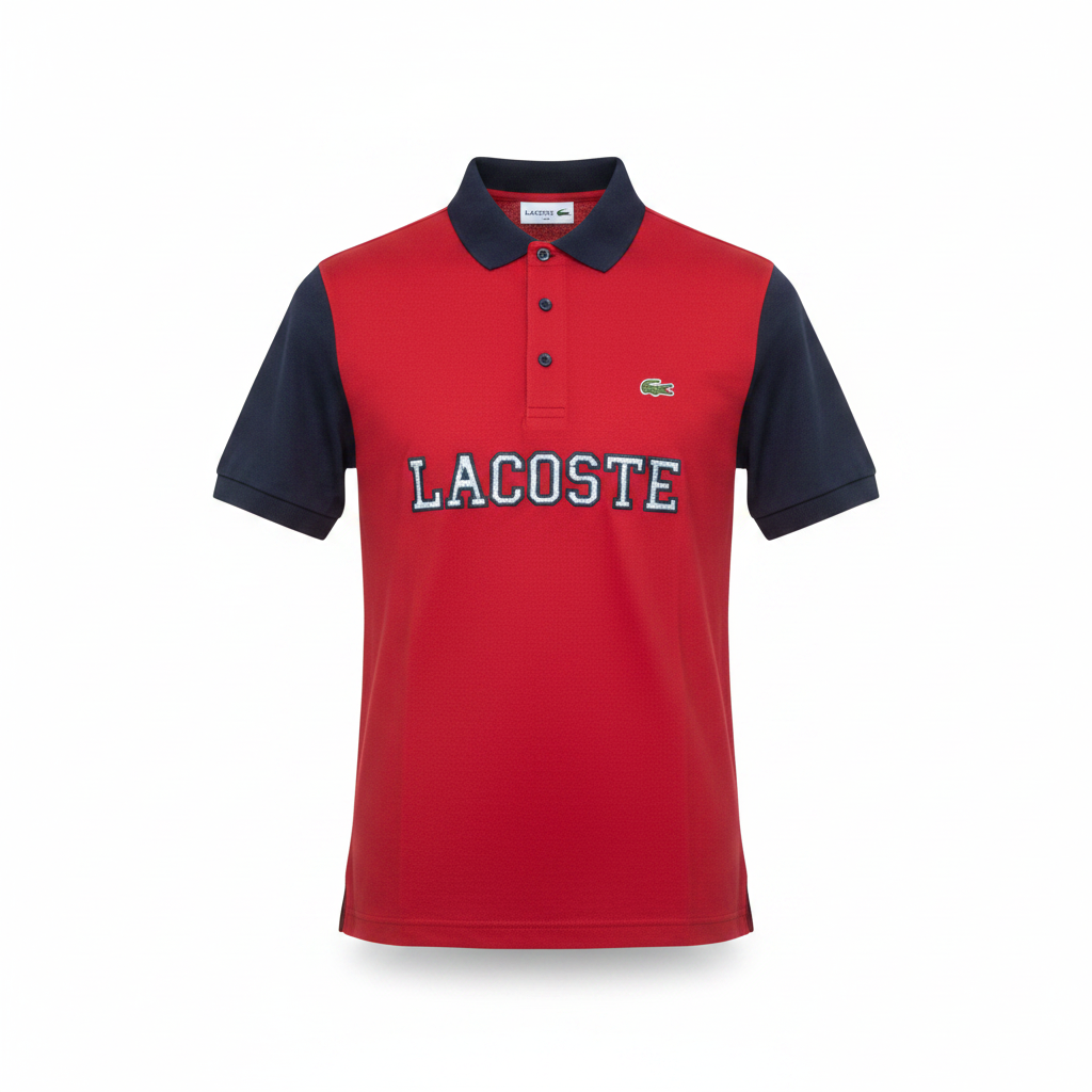 Red and navy two-tone polo shirt with contrast sleeves and chest embroidery ghost mannequin front view on white background
