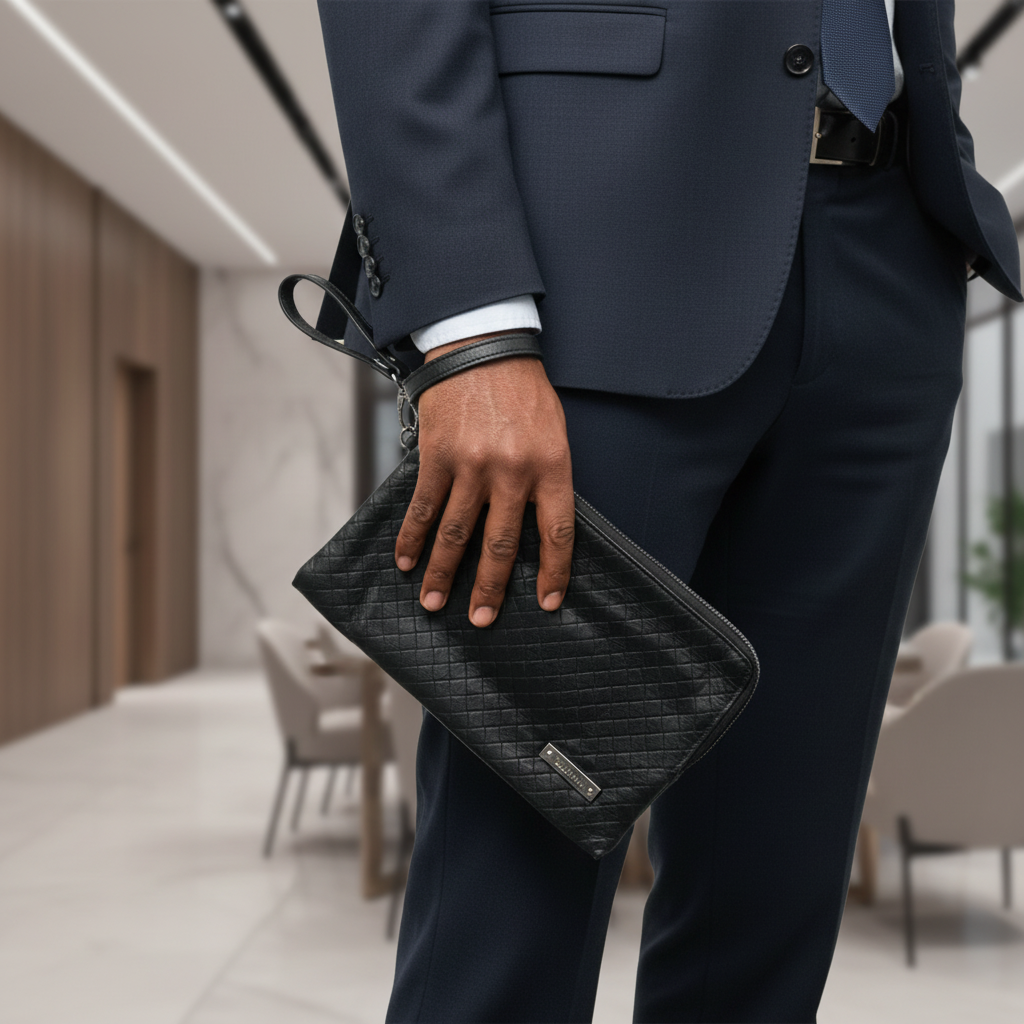 Baldinini black quilted leather men's clutch held by Black Nigerian professional man