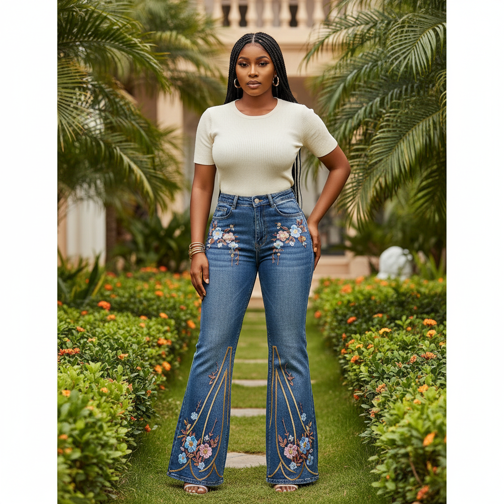 Nigerian female model wearing women's floral embroidered flare jeans in washed indigo