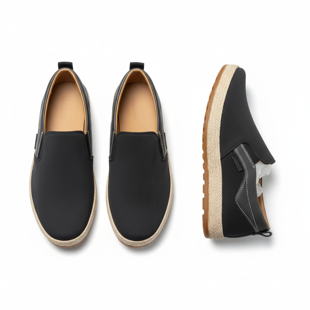 Men's charcoal canvas slip-on loafer pair, ghost mannequin front and side view, white background