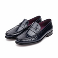 Men's navy blue croc-embossed patent penny loafer - ghost mannequin pair view