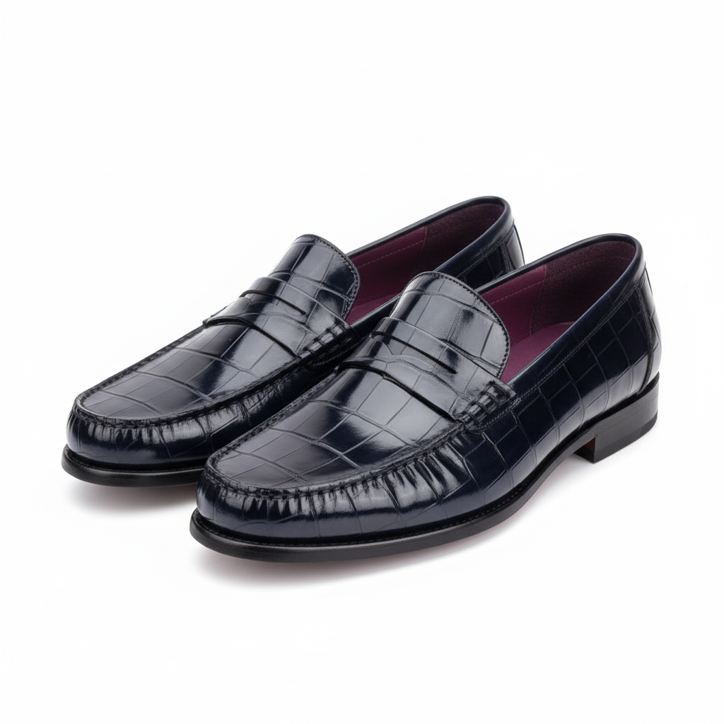 Men's navy blue croc-embossed patent penny loafer - ghost mannequin pair view