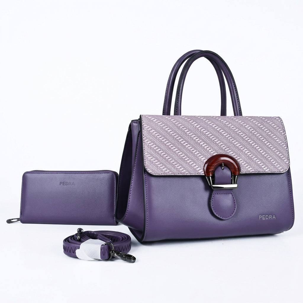 Purple and lilac patterned-flap handbag set with matching pouch and strap on white