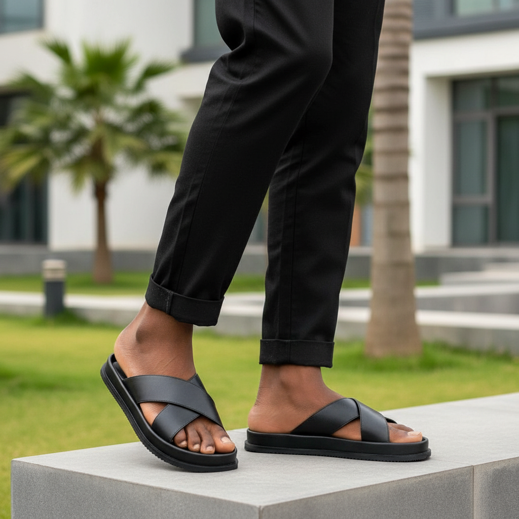 Nigerian male model leg-focused shot wearing black crossband slide slipper pair
