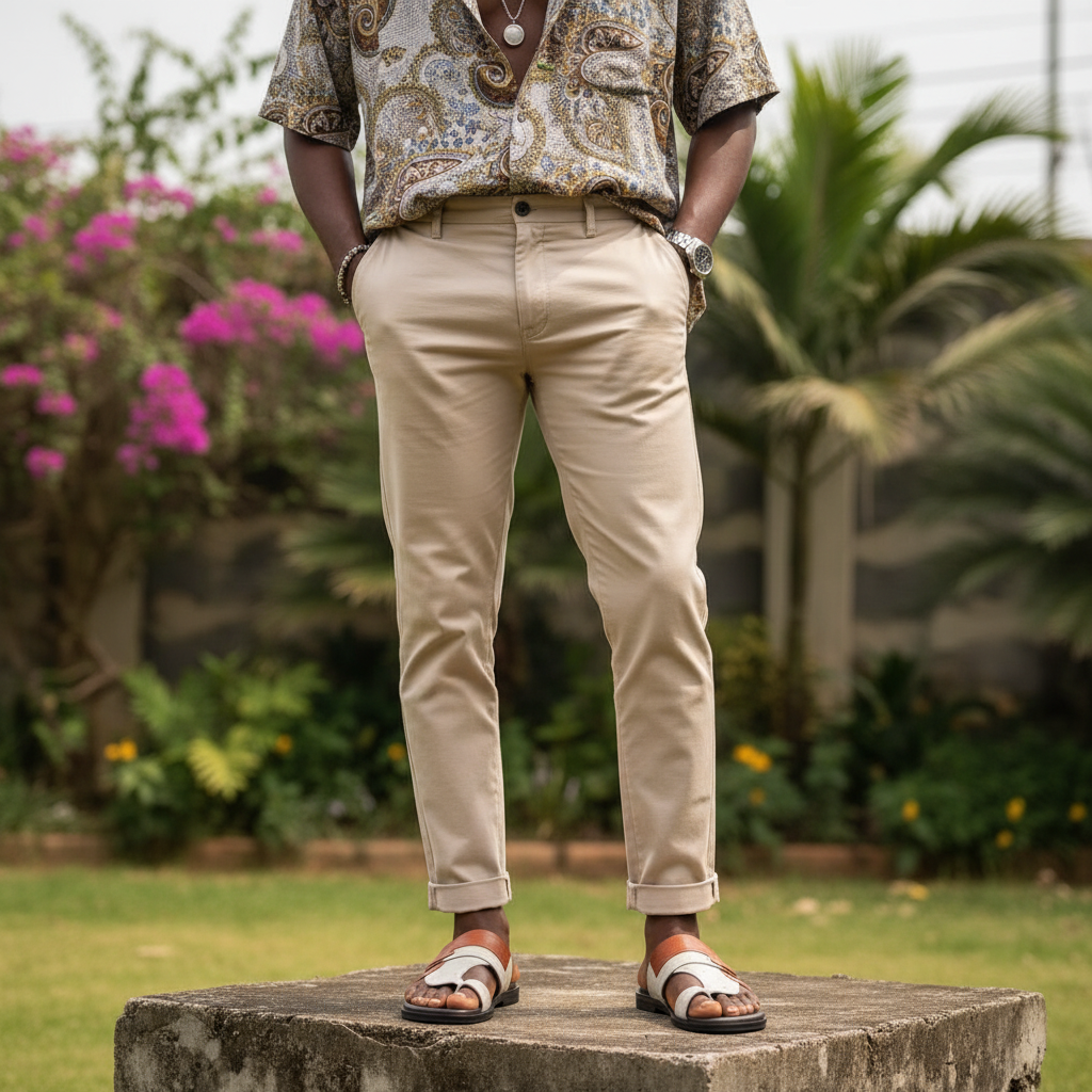 Nigerian male model wearing men's leather slide sandals streetwear lifestyle shot