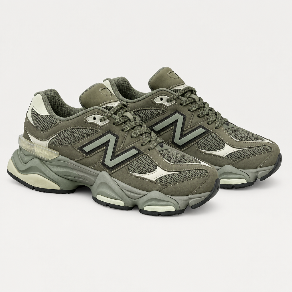 Pair of olive-gray mesh running sneakers with chunky soles and light accents