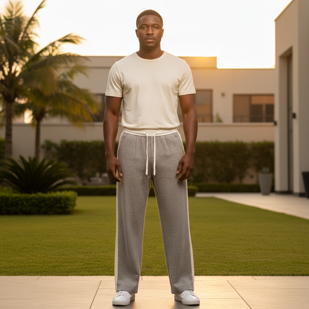 Nigerian male model wearing greige herringbone contrast waistband drawstring trousers