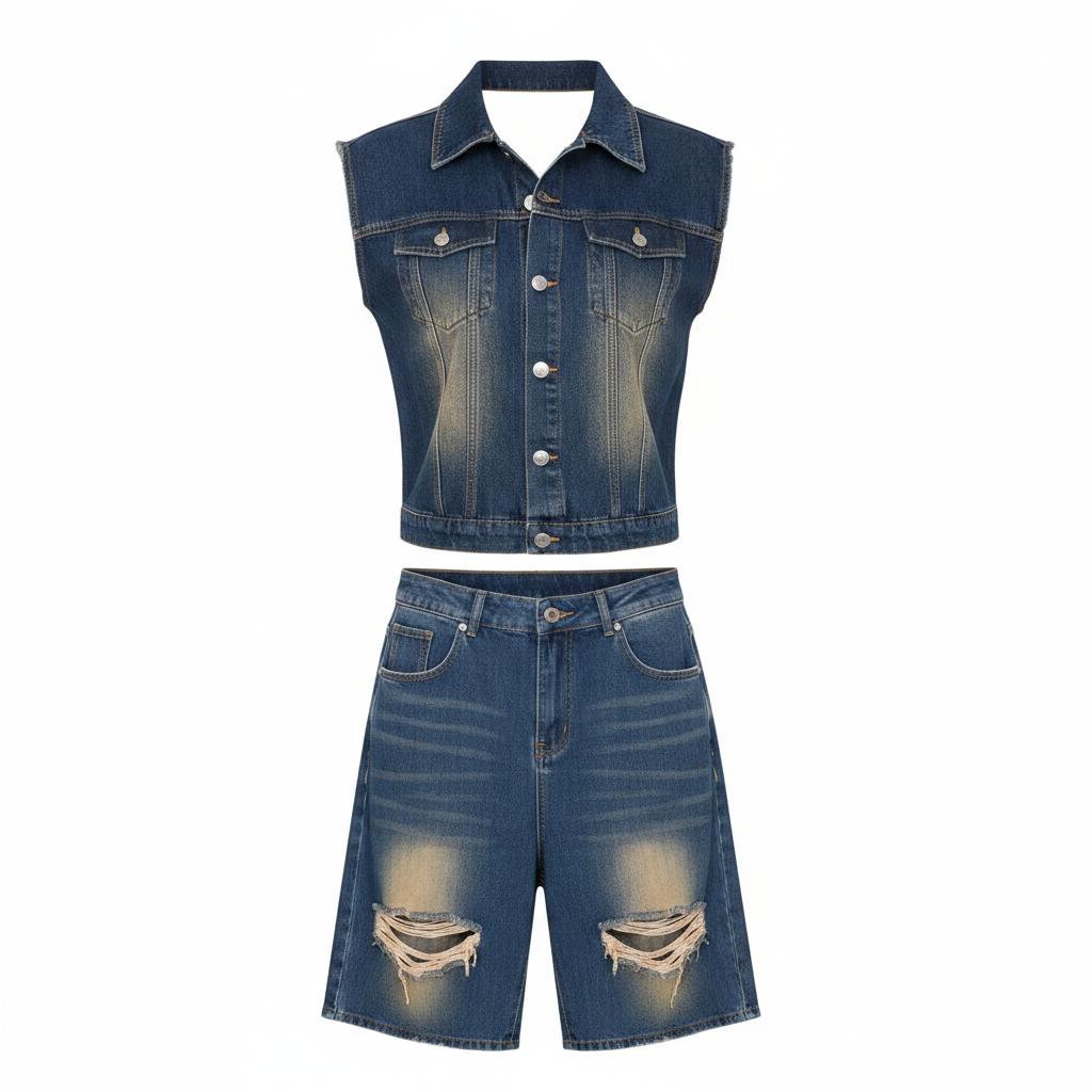 Denim vest and ripped shorts co-ord set on ghost mannequin, white background