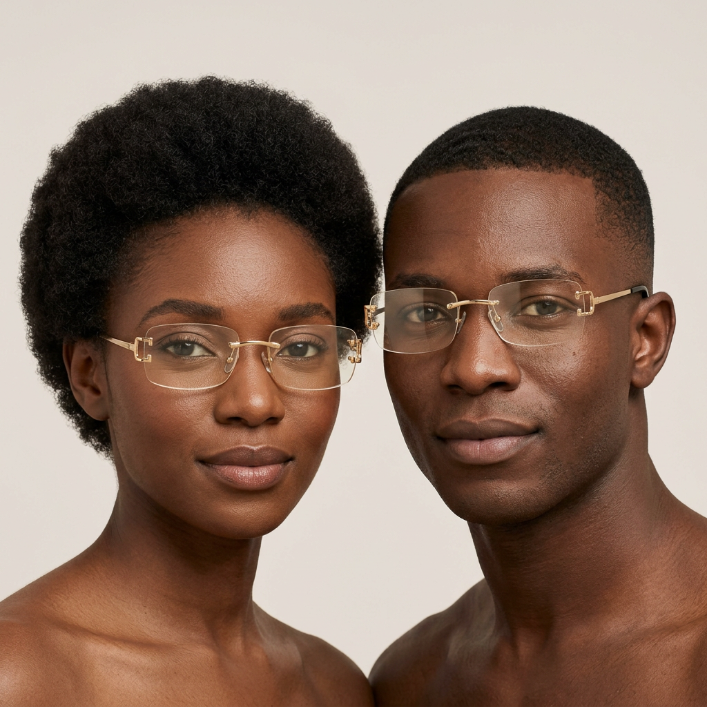 AI-generated adults wearing clear rimless gold-tone fashion eyeglasses