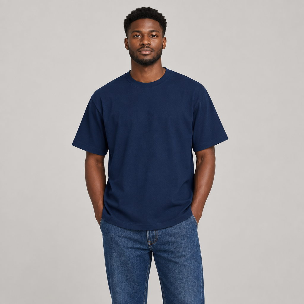 Man wearing plain navy crew-neck T-shirt