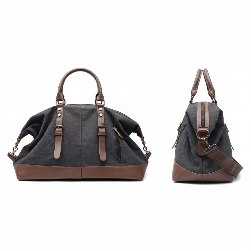 Ghost mannequin style leather handbag catalog shot, front and side view