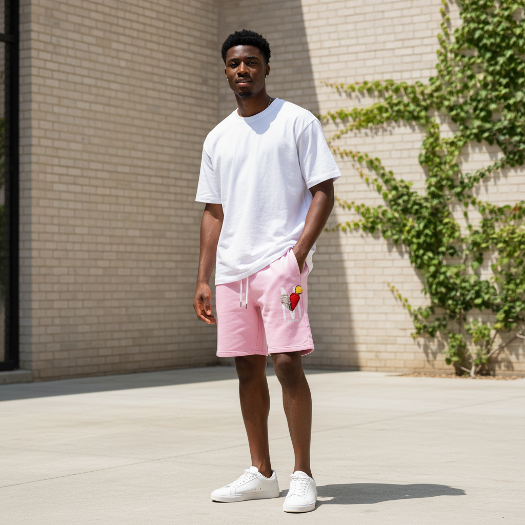 Young Nigerian male model wearing Pink Motivation Graphic Sweat Shorts