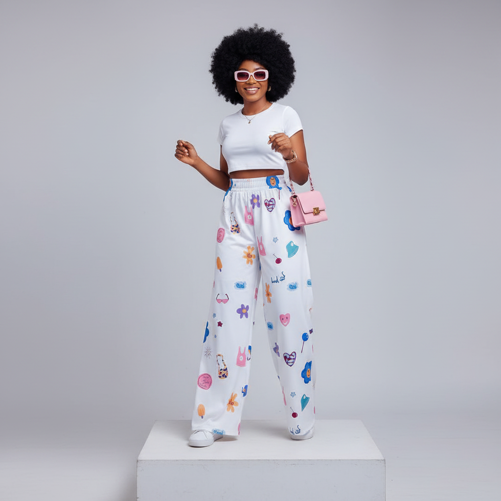 White Cartoon Print Wide-Leg Trousers - Model Front View