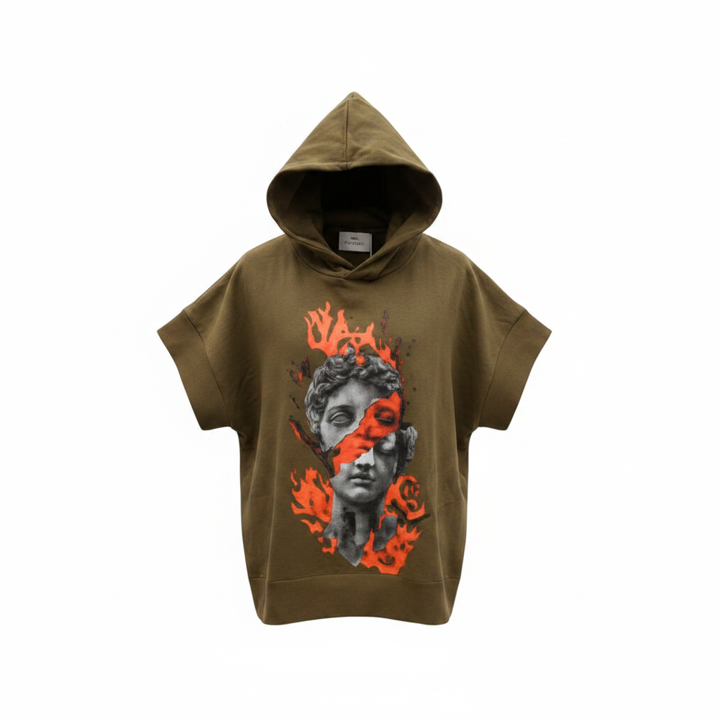 Flame Skull Graphic Hoodie Olive Green – Front Ghost Mannequin